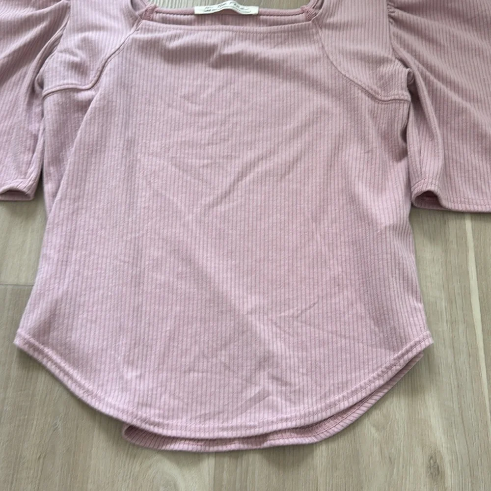Free People Mauve Pink Ribbed Square Neck Puff Sleeve Top
